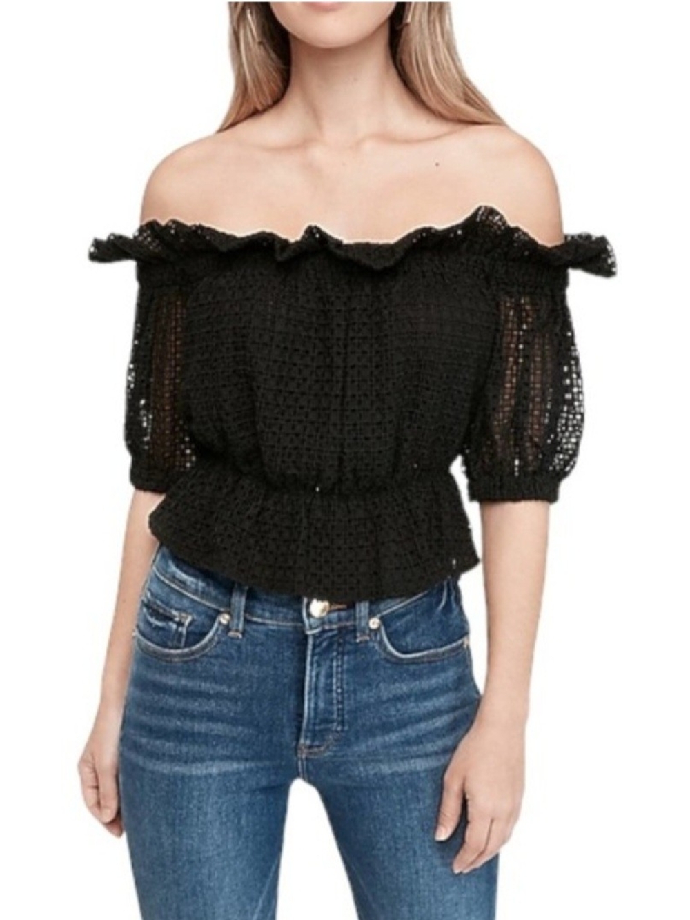 EXPRESS | Black Off-Shoulder Cropped Eyelet Lace Peplum Blouse